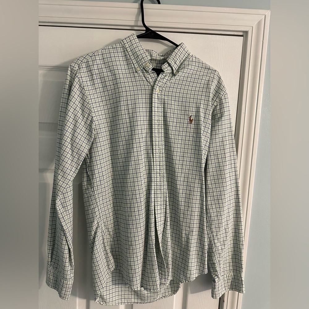 Men’s Polo RL - Slim fit blue and green plaid button up - Size:M